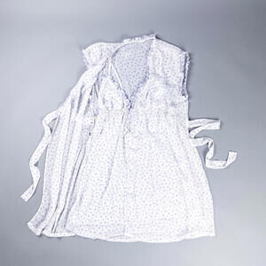 Vintage Short Robe & Nightgown Set, White and Purple Polka Dot